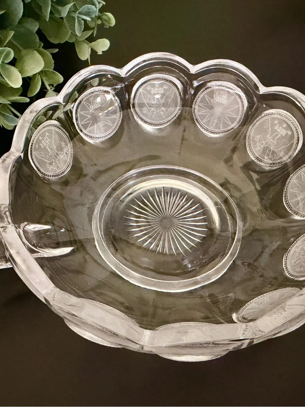 FOSTORIA, COIN GLASS, NAPPY BOWL WITH A FROSTED, PRESSED GLASS COIN MOTIF